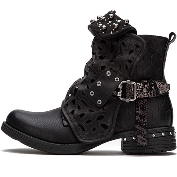 Combat Boots with Studded Heels Biker Shoes-Black - Picture 3 of 7
